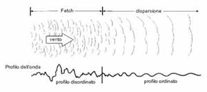 in evidenza, l’area di fetch e l’area di dispersione esterna, che evidenzia i cambiamenti di profilo delle onde. Da: Invitation to Oceanography di Paul R. Pinet. Modificato.